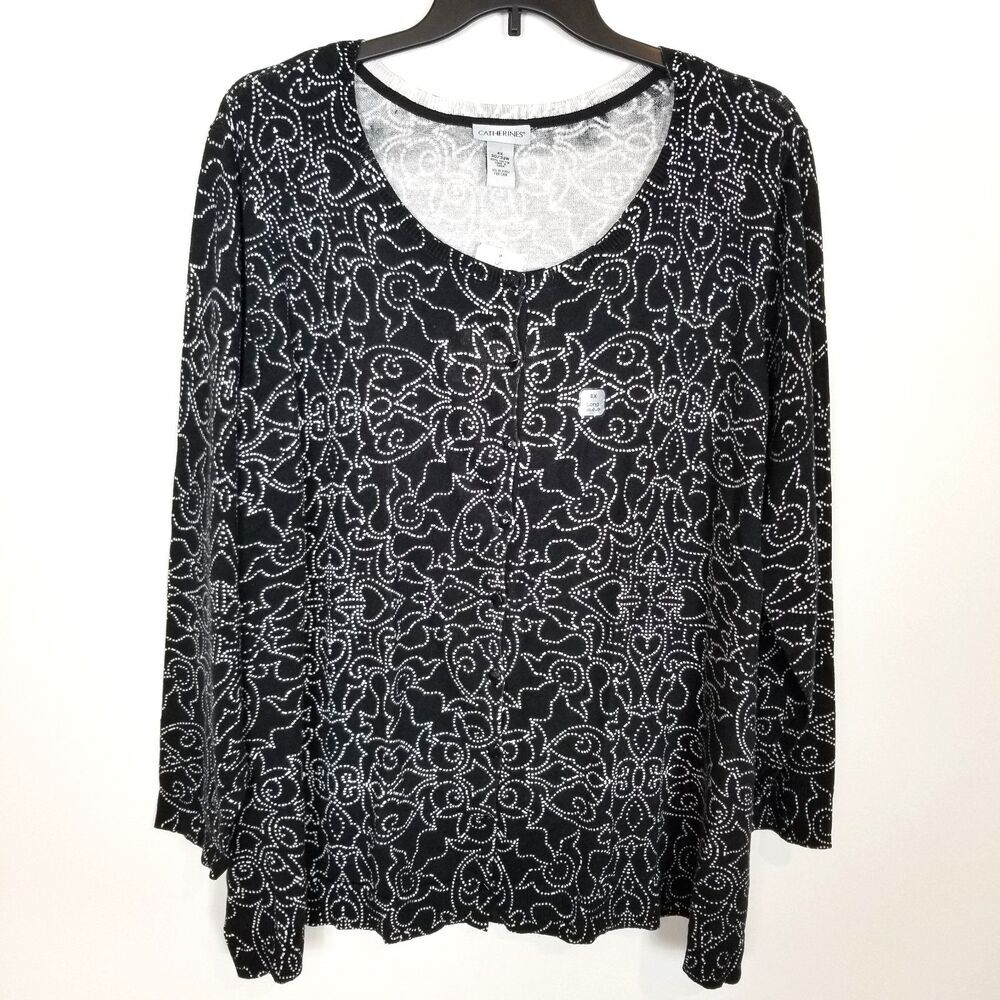 Catherines Women Plus Floral Print Button Up Cardigan Sweater Sz 4X Black White